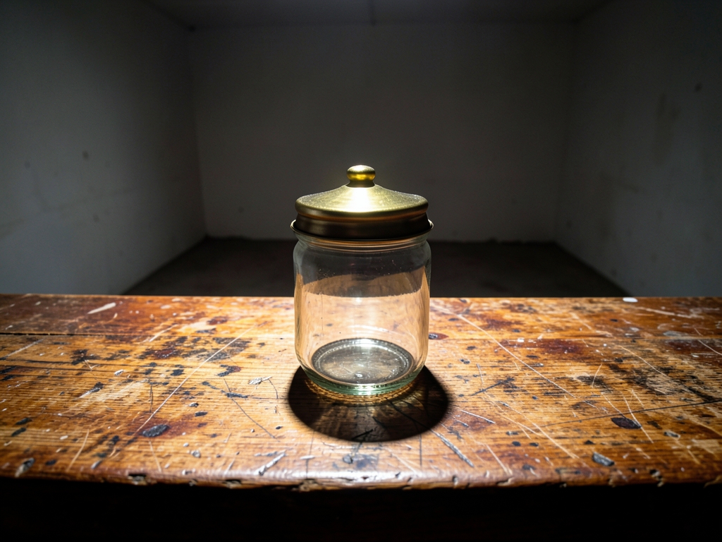 weathered wooden counter under harsh overhead lighting with