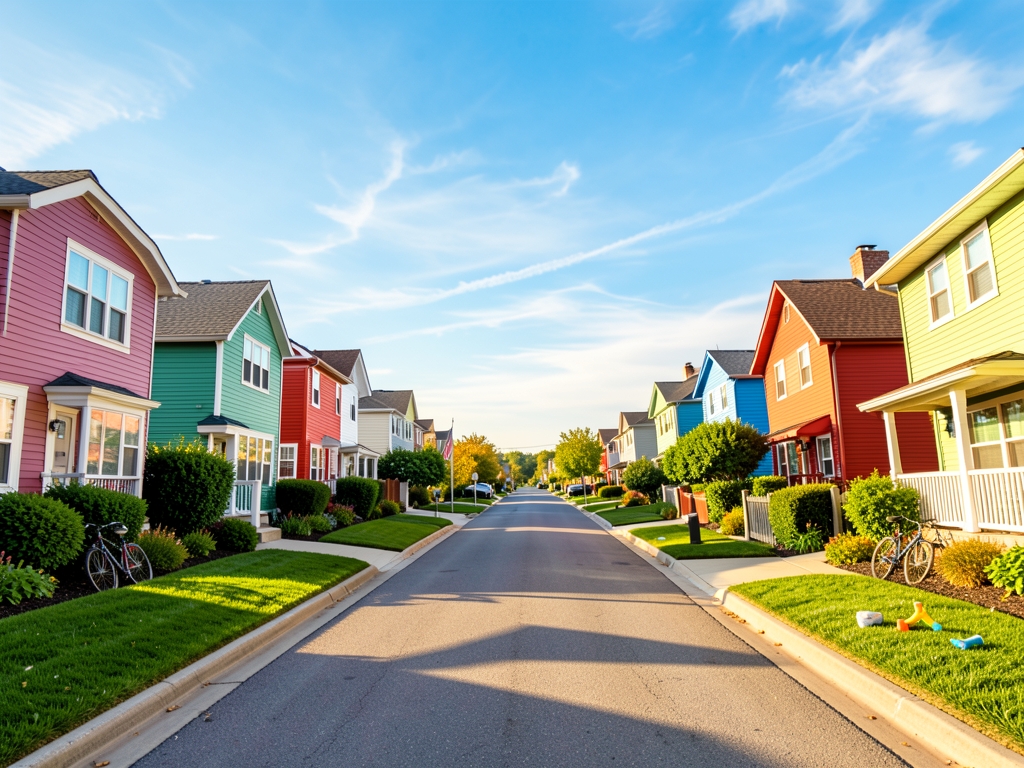 Quiet suburban neighborhood street with tidy homes green