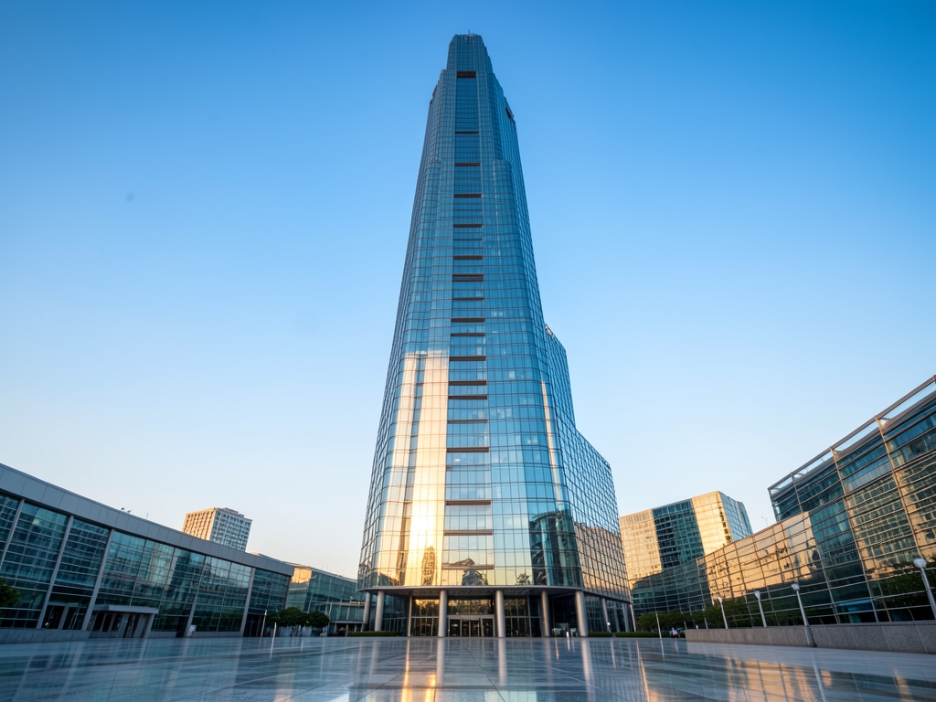 Modern glass financial district tower soft morning sunlight