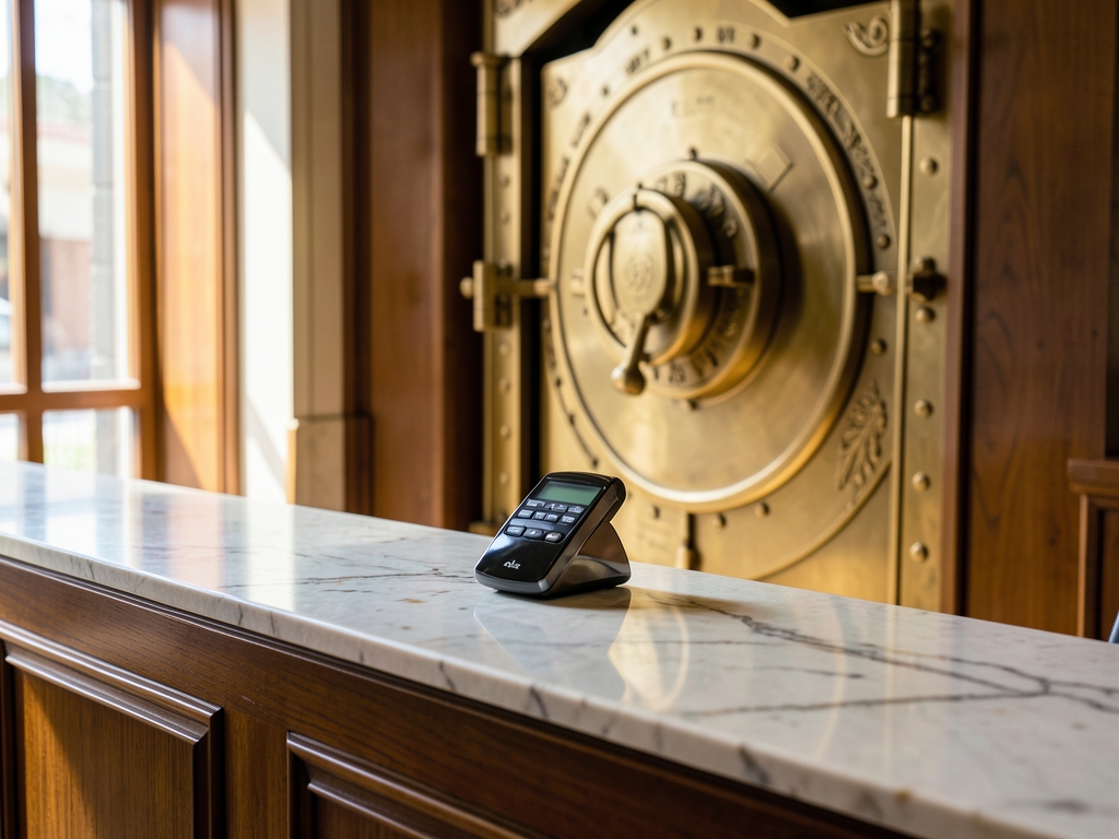 Sunlit checkout counter with glossy card reader brass