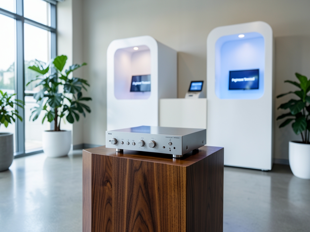 Modern audio showroom with silver preamp walnut stand