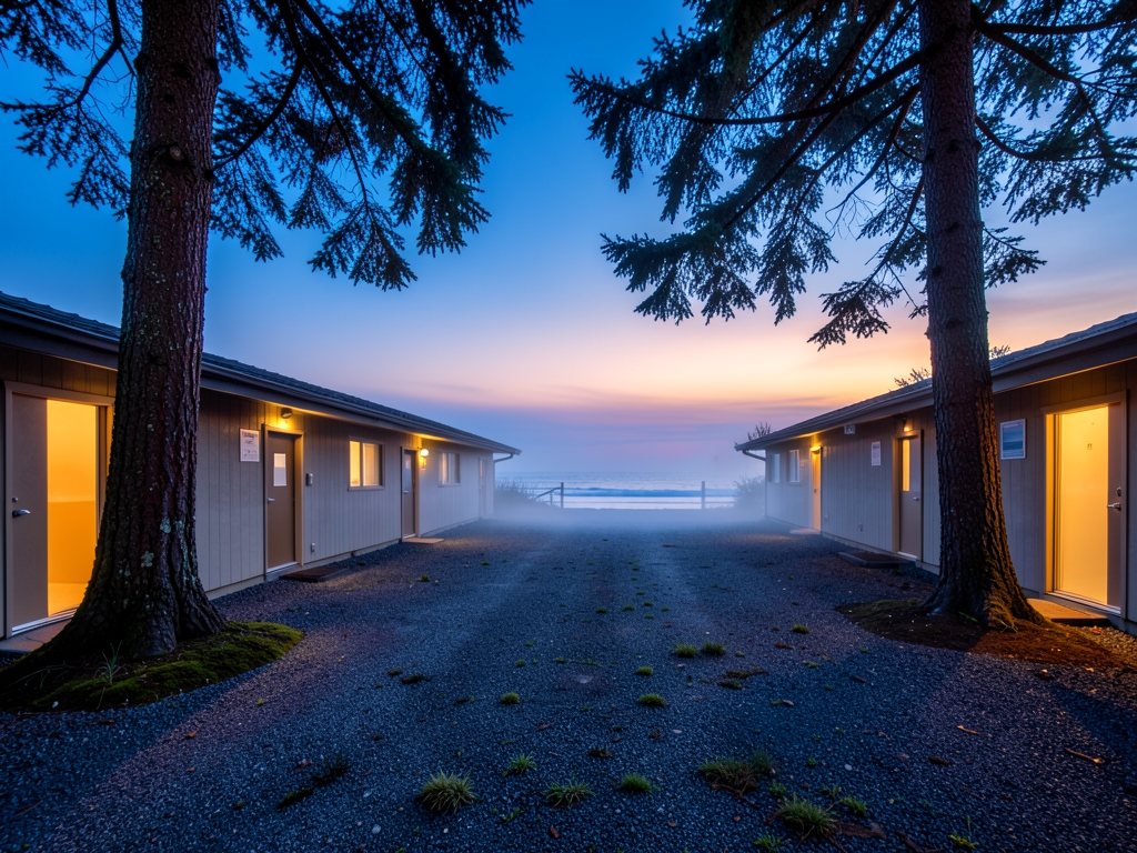 Low slung coastal motel courtyard blue dusk with warm