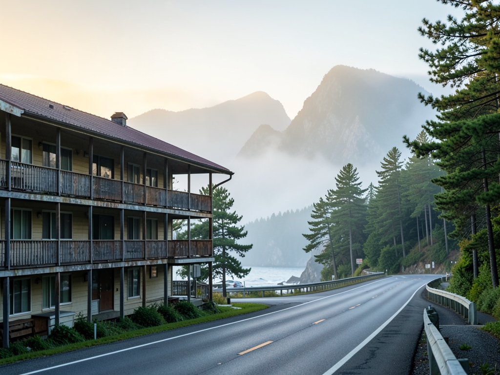 Weathered seaside motel with wooden balconies along foggy