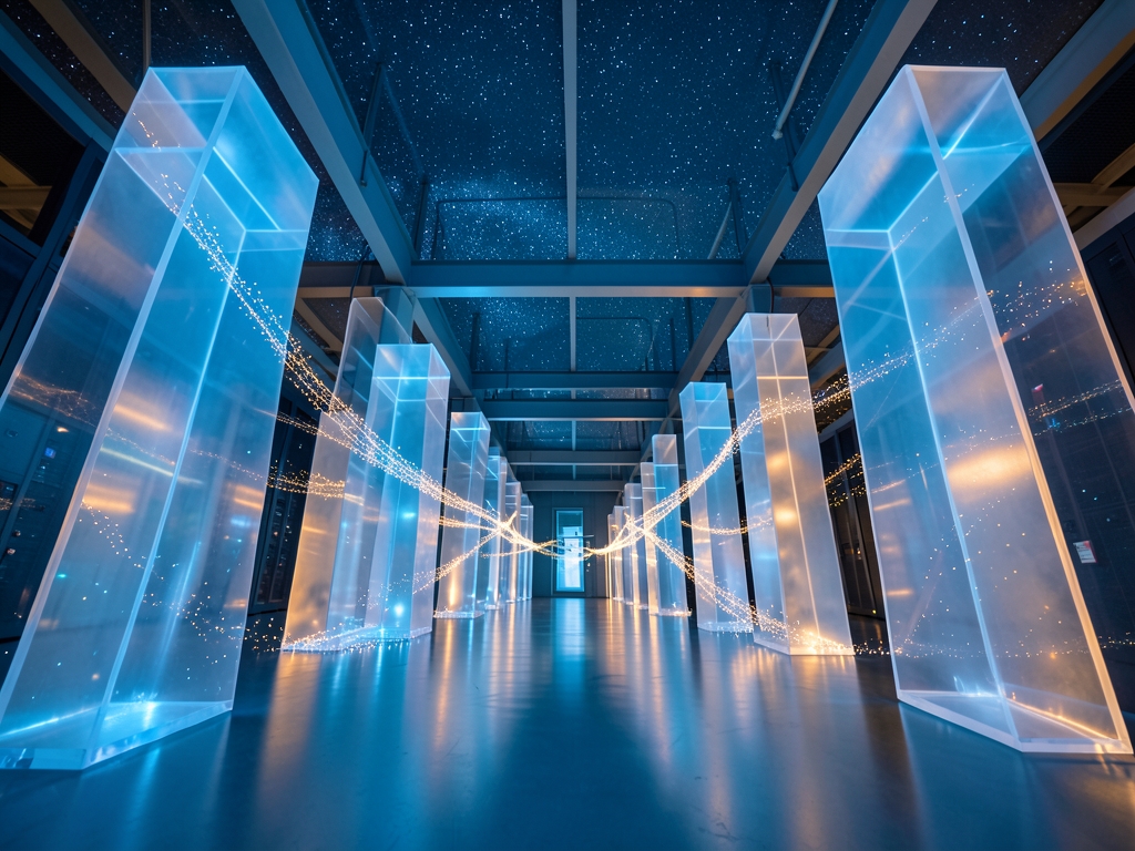 vast minimalist data center atrium bathed cool azure
