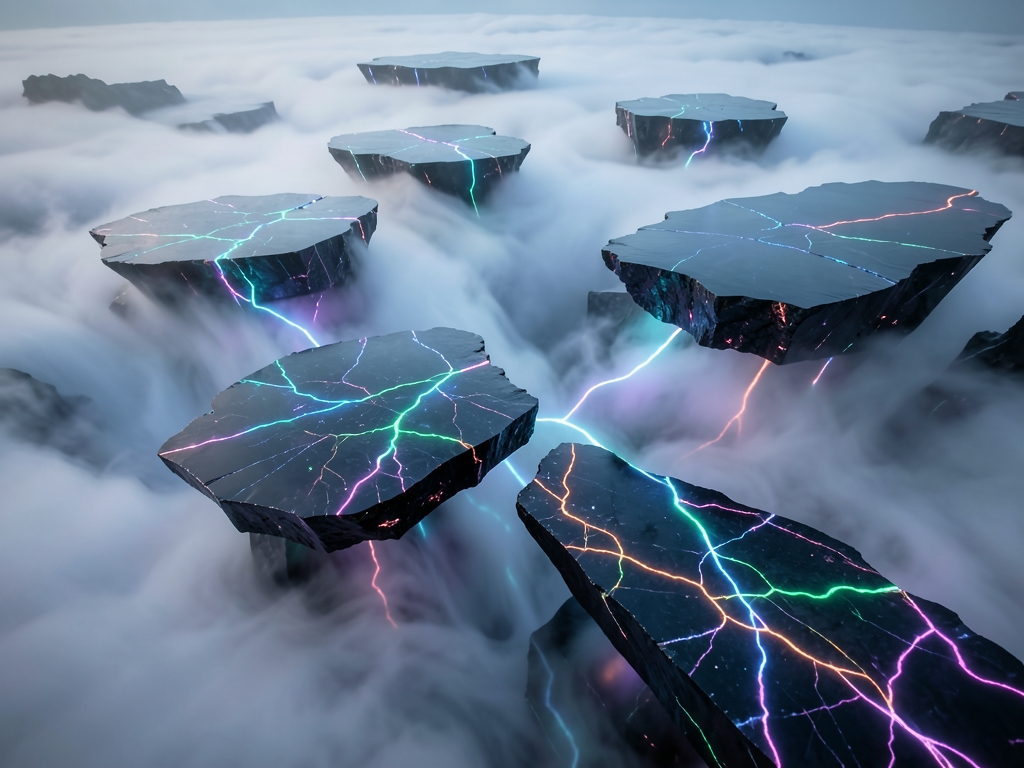 surreal landscape floating obsidian platforms suspended over misty