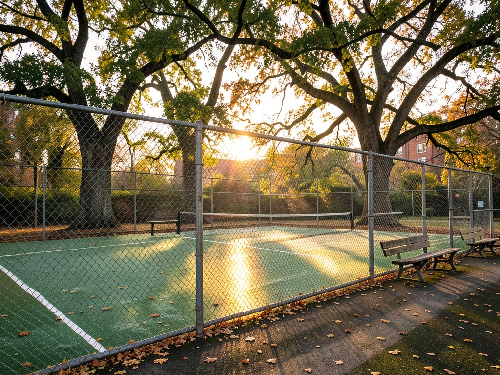 Wide view outdoor hard tennis courts enclosed chain link