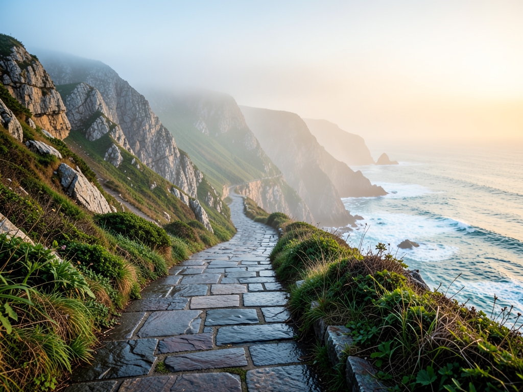 Wide shot misty coastal trail winding along rugged