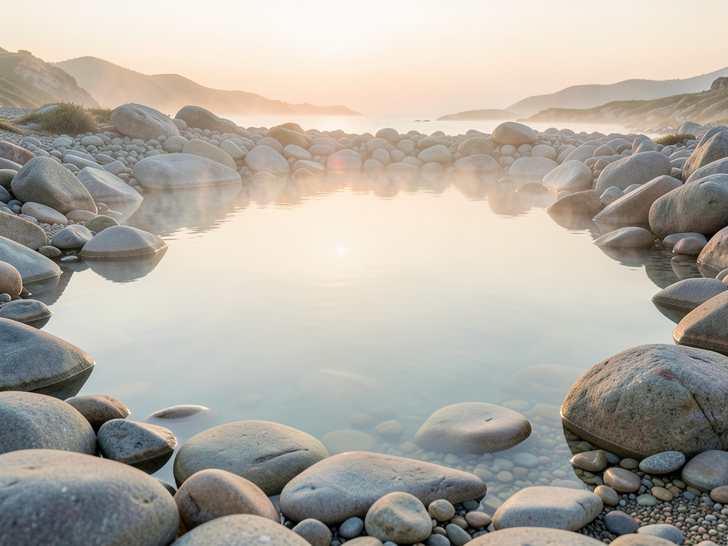 Calm glassy lagoon soft dawn still misty water