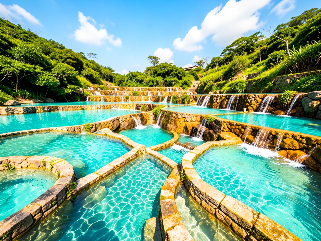 Terraced turquoise pools linked narrow stone channels under