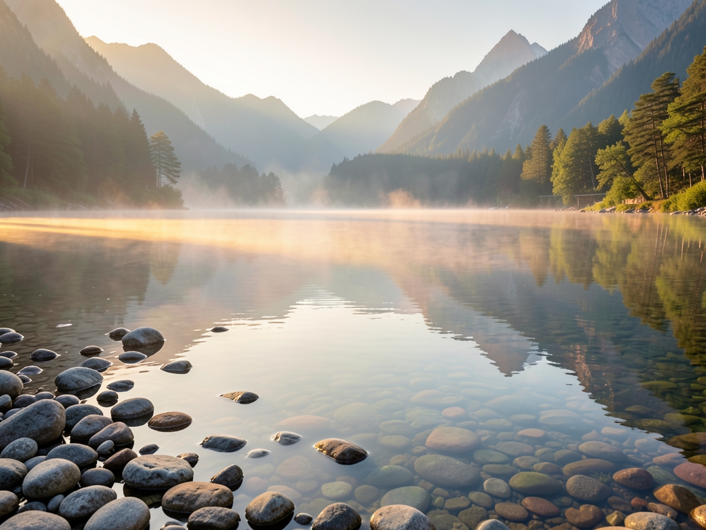 still mountain lake dawn reflecting soft golden light