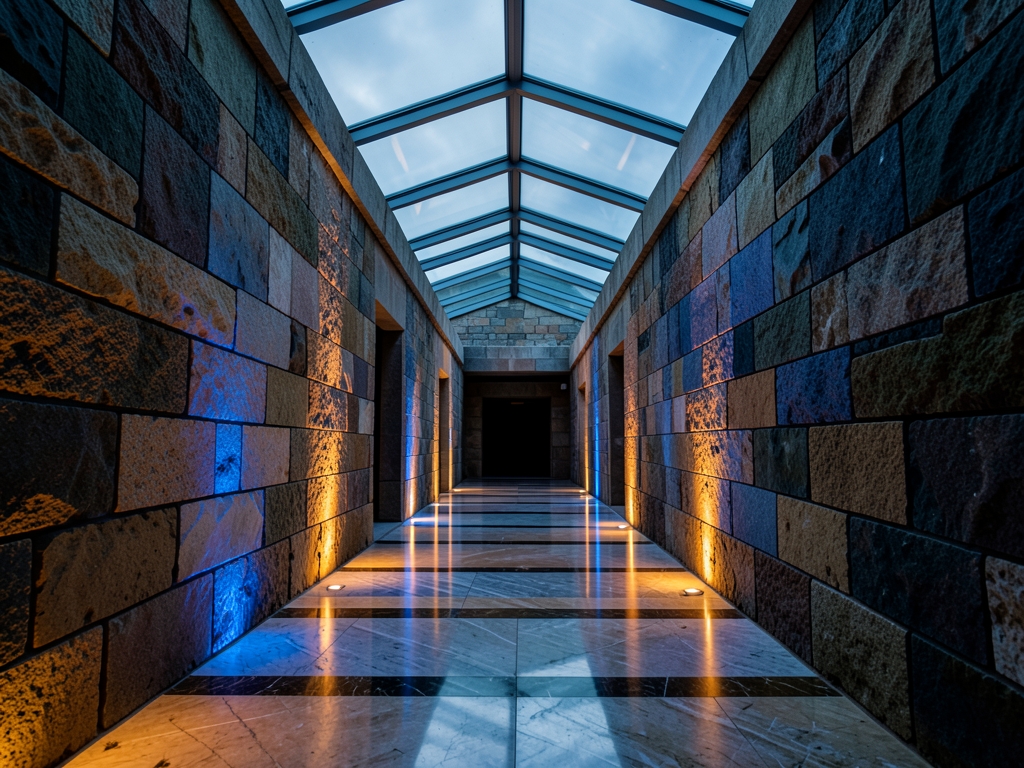 narrow stone corridor with alternating bands warm amber