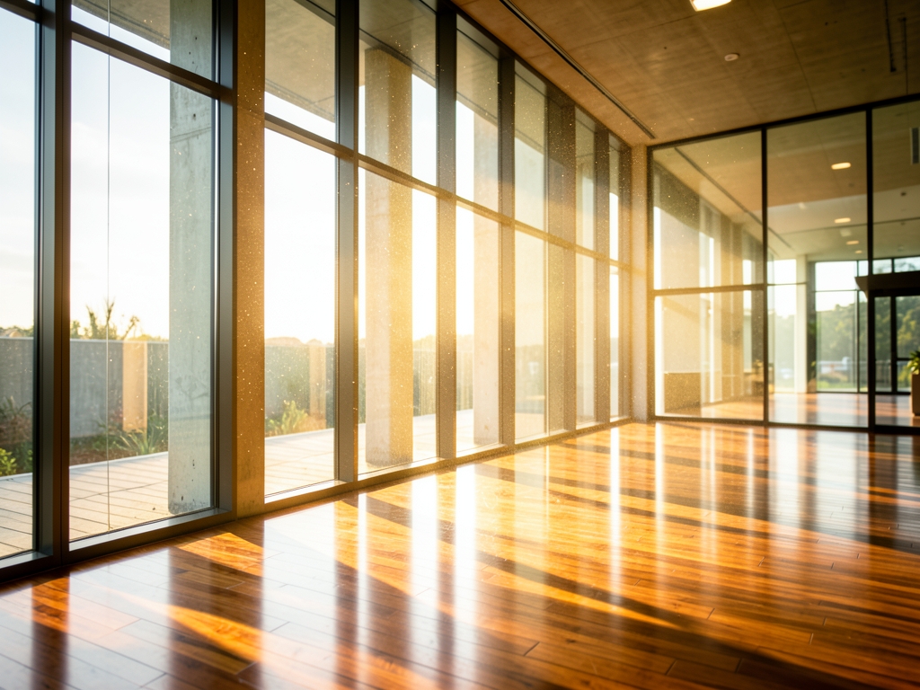 Sunlight streams through tall glass windows onto polished