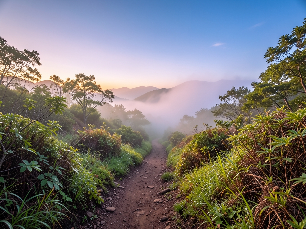 Misty mountain trail splitting into paths under clearing