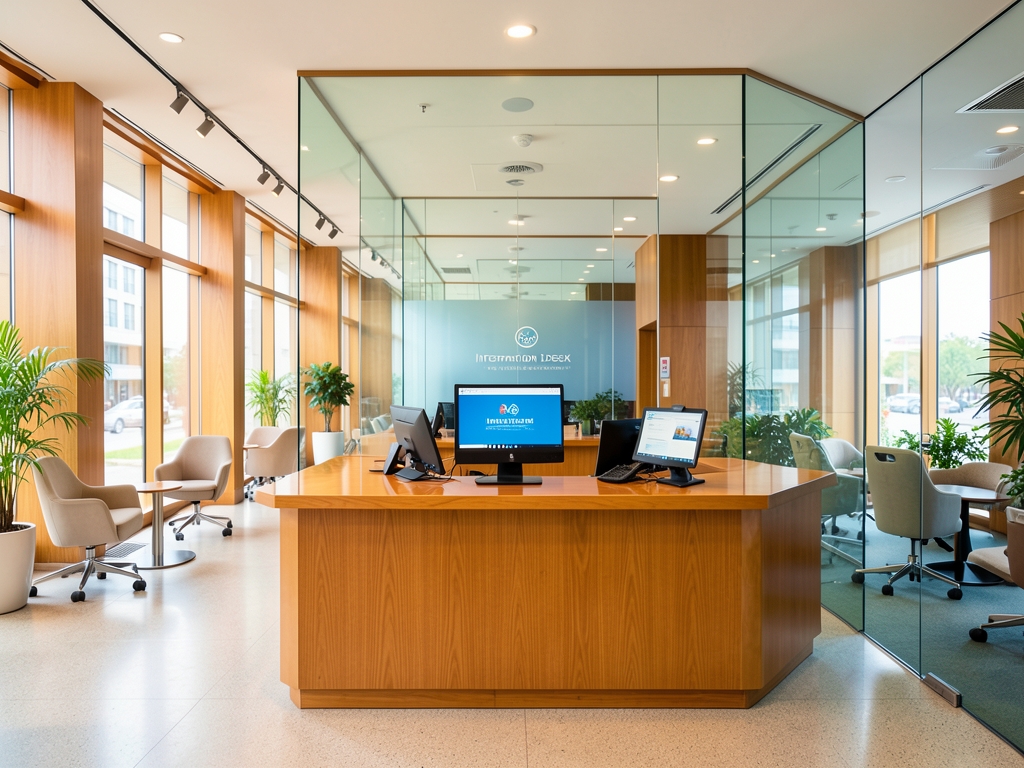 Spacious modern help desk hall with warm wood