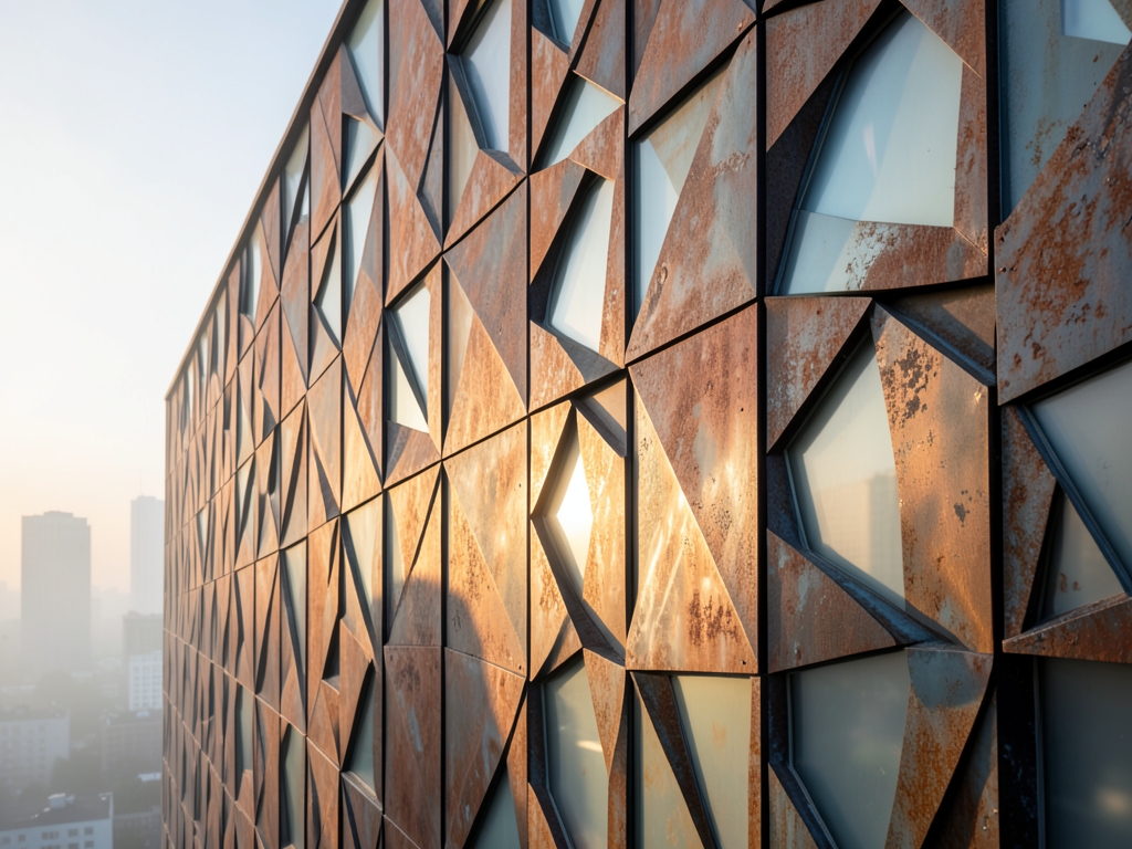 Parametric building facade interlocking geometric panels weathered steel