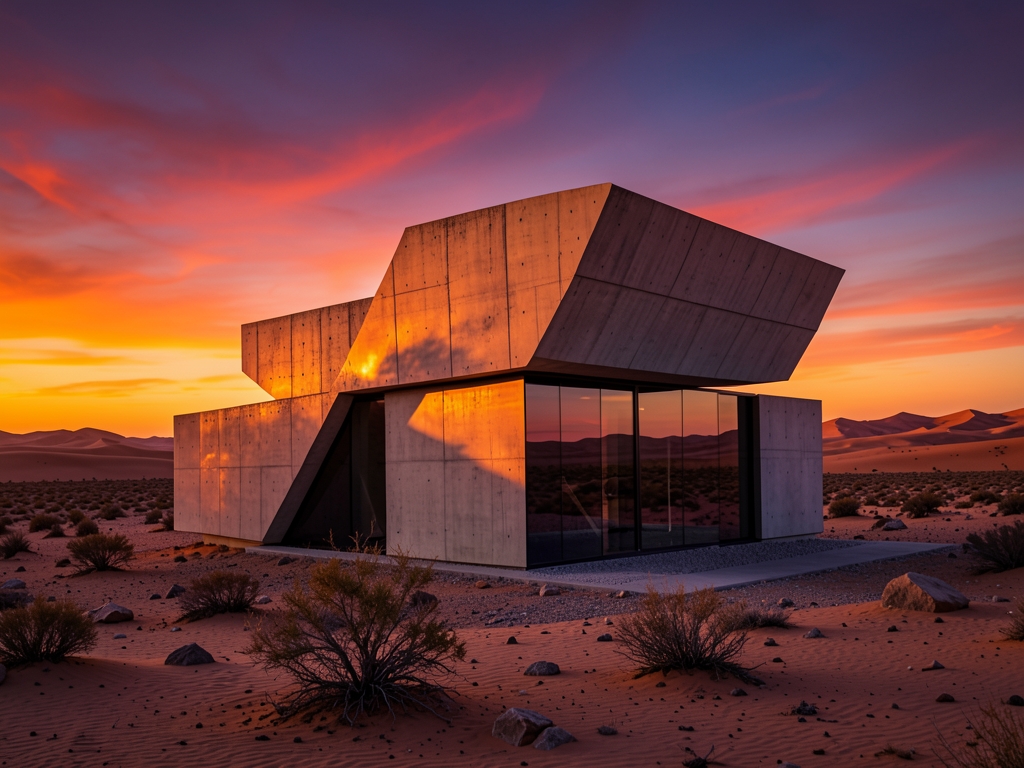 Split level structure angular concrete volumes reflective surfaces under