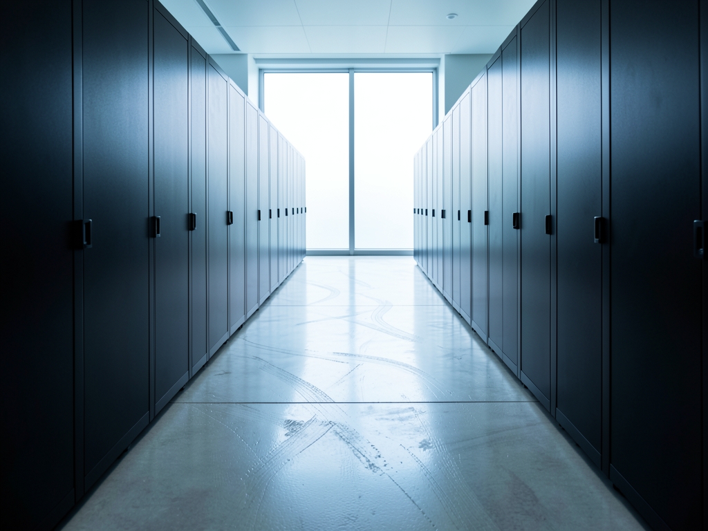 minimalist server hall with rows dark cabinets under