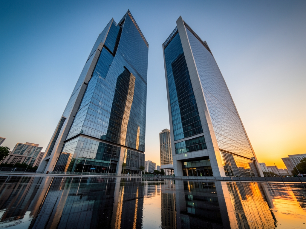 Sleek glass financial towers dawn with clear sky