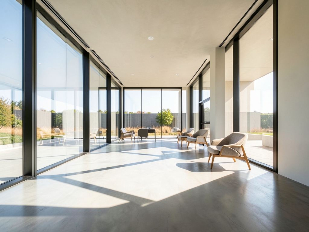 Sunlight streams through large glass windows onto polished