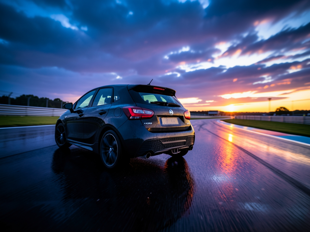 Empty racetrack dusk under dramatic cloudy sky reflective