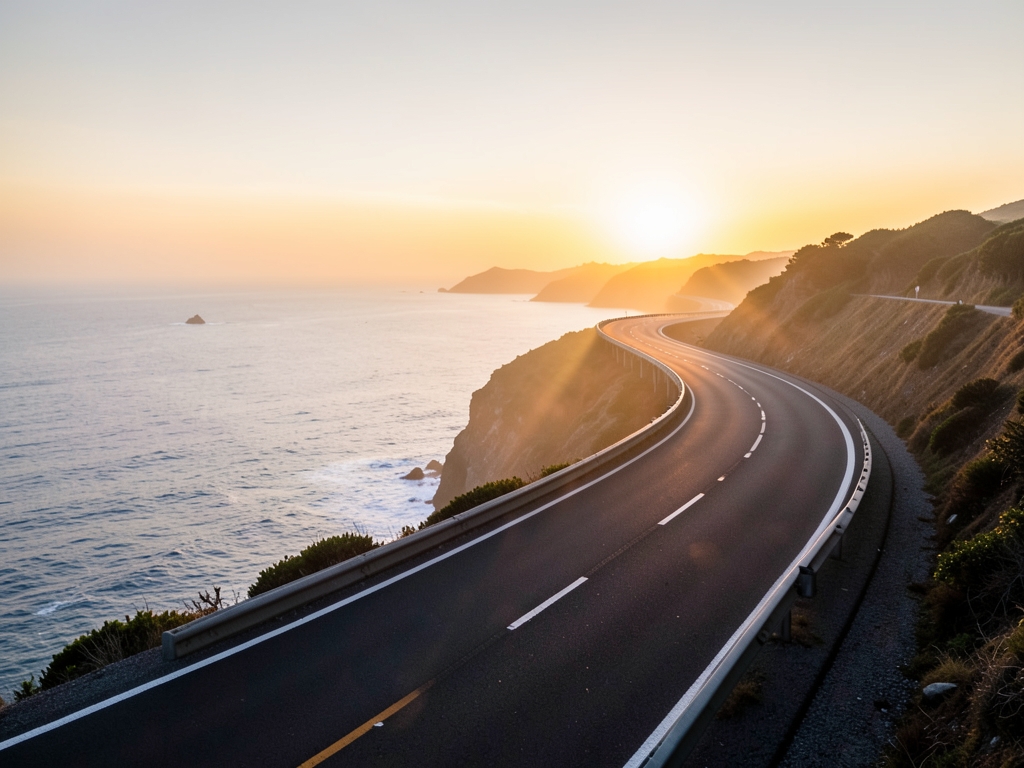 Winding coastal highway sunrise with smooth dark asphalt