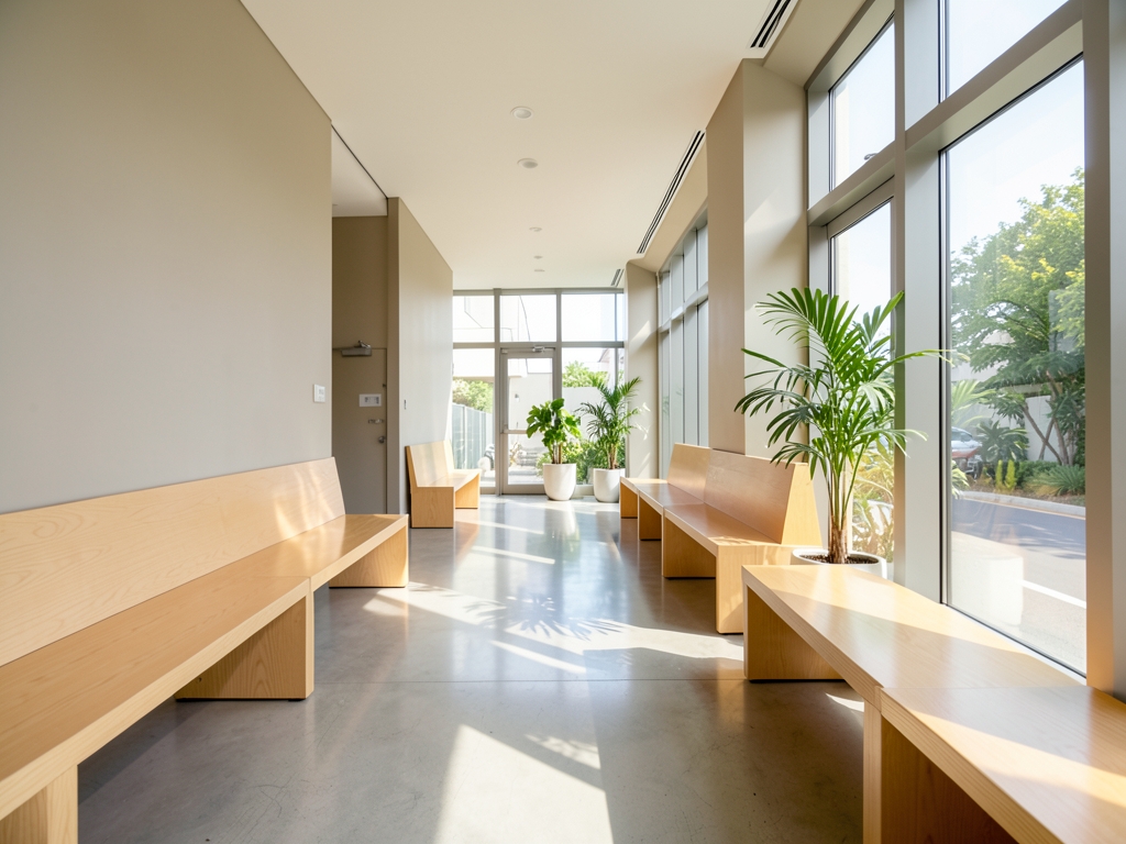 Sunlit modern clinic waiting hall with light wood