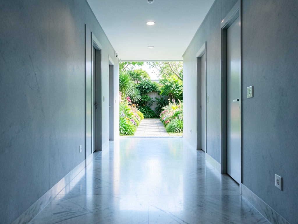Quiet clinic corridor with smooth stone floors opening