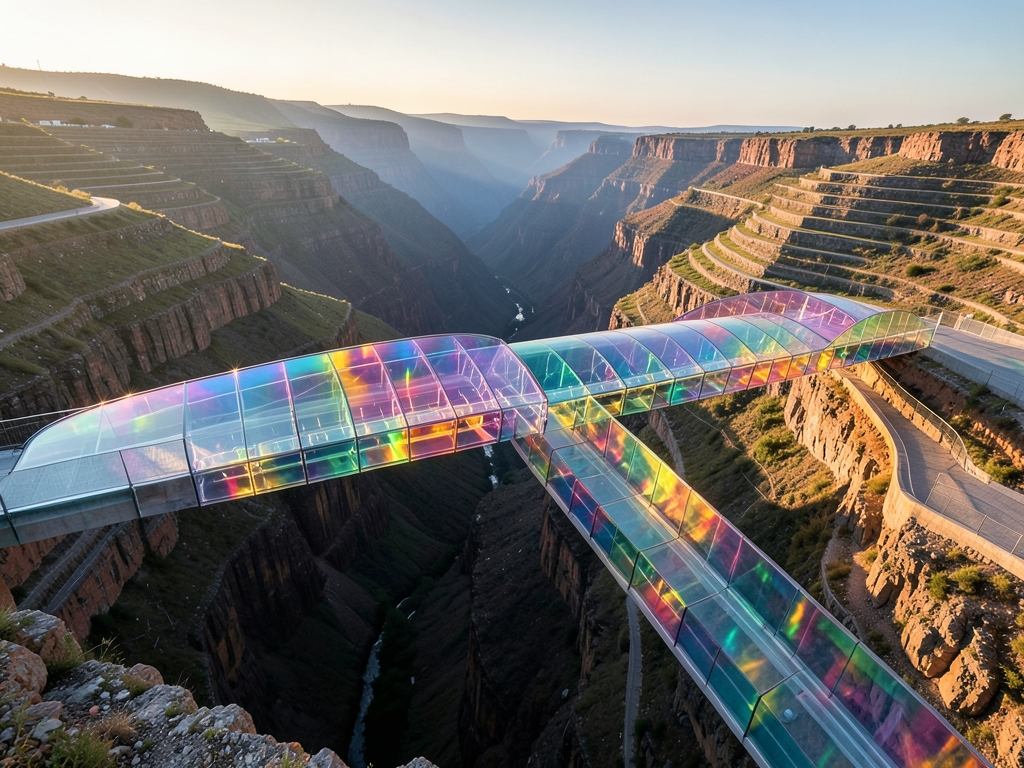 sleek architectural bridge translucent glass spans canyon structure