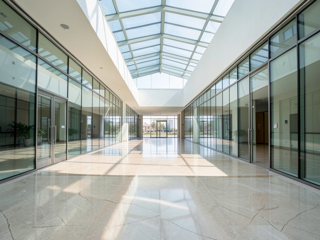 Sunlit modern glass office atrium with smooth marble