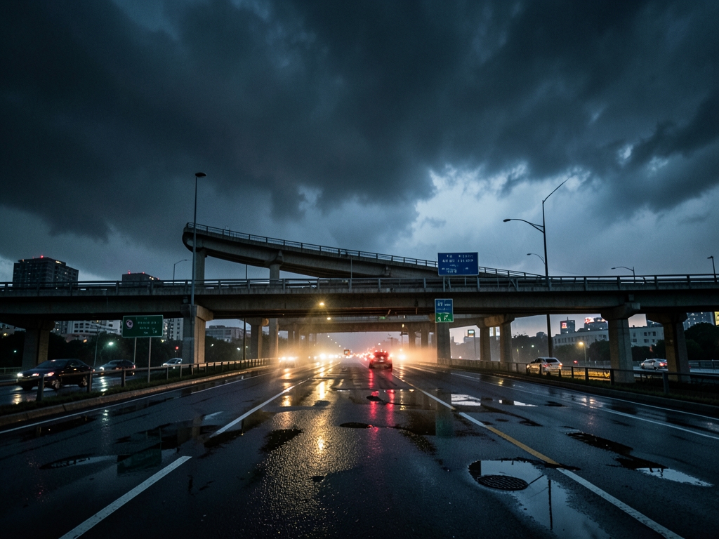 Tangled concrete highway interchange dusk under heavy storm