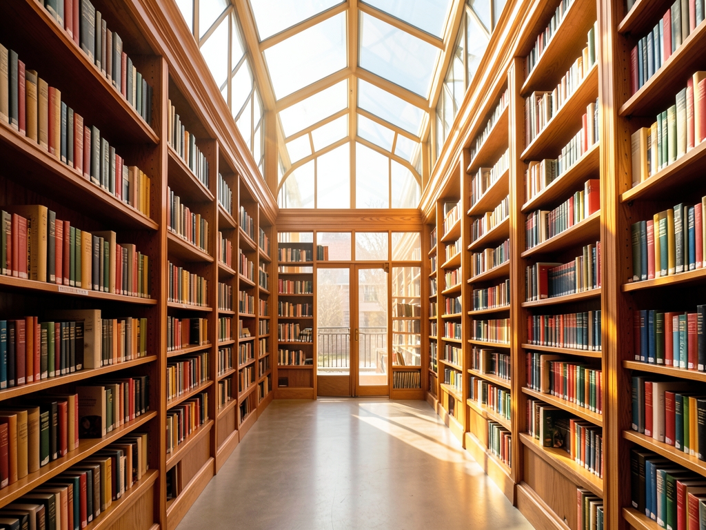 Warm sunlit library interior with tall shelves glass