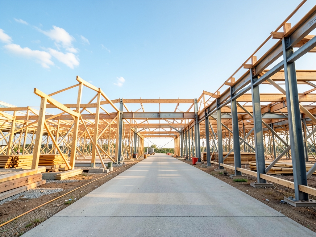 Airy construction site with wooden frameworks steel beams