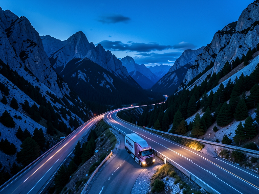 Aerial view winding highway cutting through rugged mountain