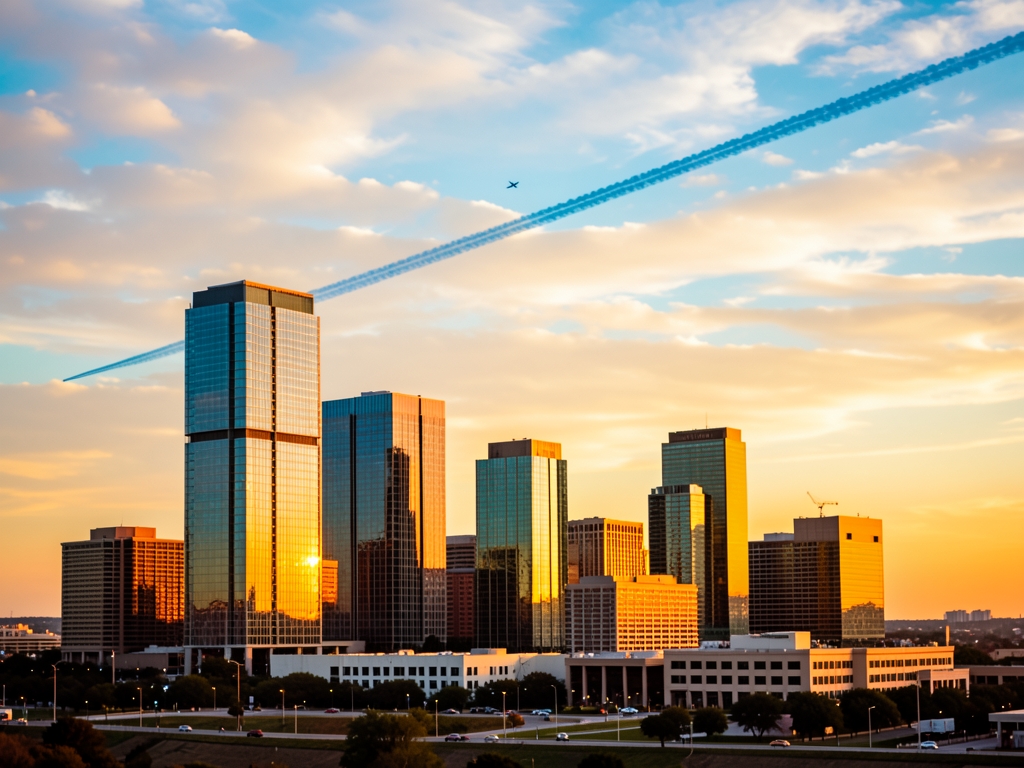 wide Texas city skyline golden sunset with glass