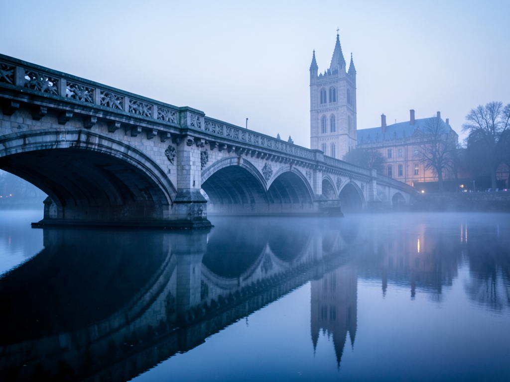 misty London riverside dawn with historic stone bridge