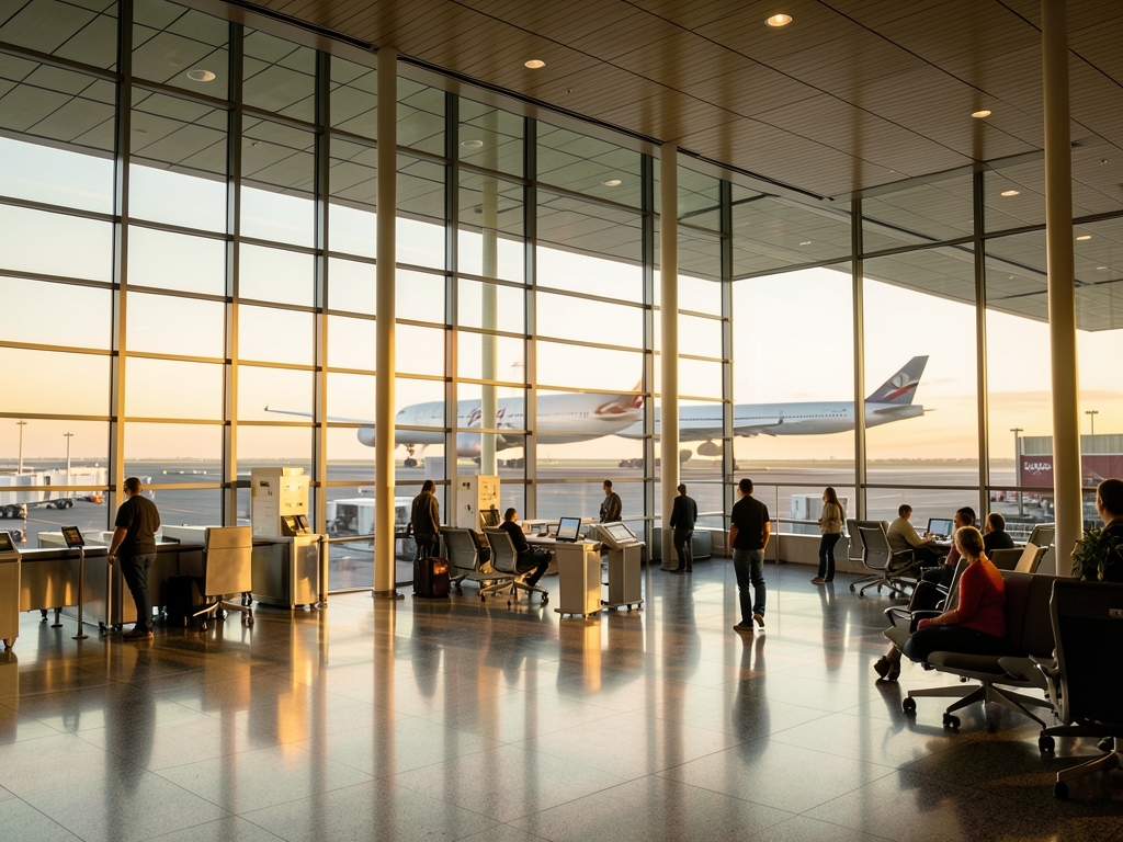 Wide view Dallas airport terminal dawn with glass