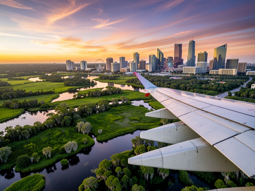 Aerial view over Florida wetlands Orlando skyline sunset