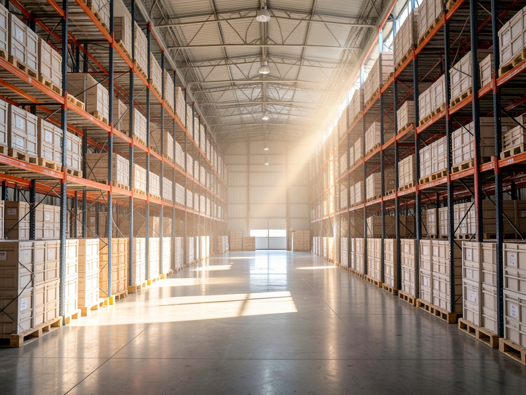 vast sunlit industrial warehouse interior with clean concrete