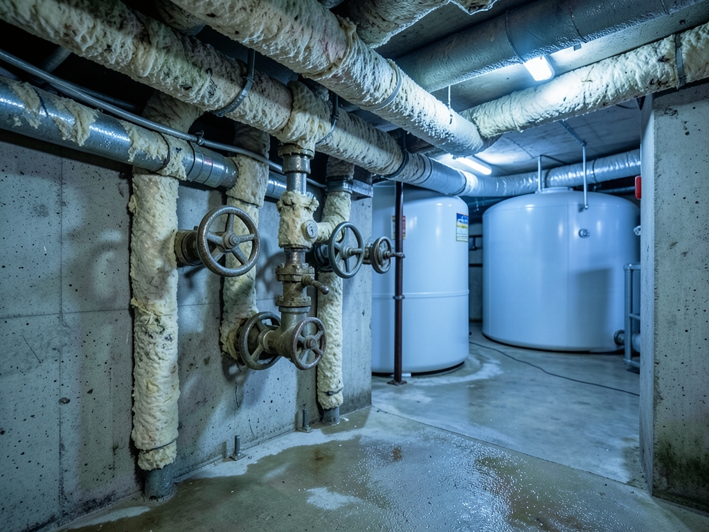 Cool underground plant room with insulated pipes valve