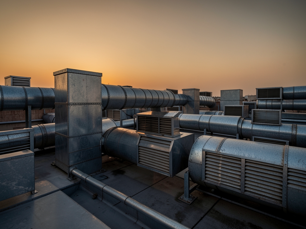 Quiet rooftop mechanical yard dusk galvanized ductwork louvered
