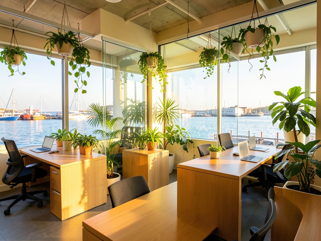 Bright open coworking lounge with wooden desks glass