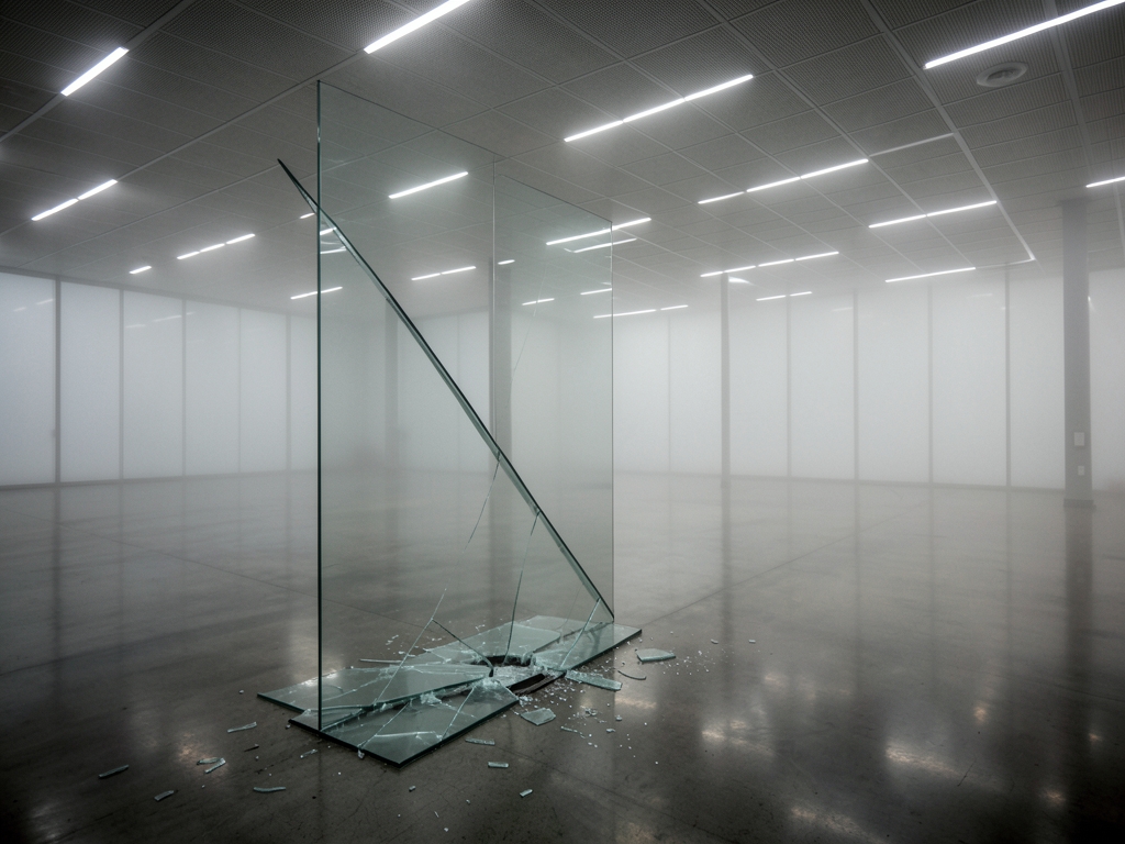 vast empty corporate atrium with polished concrete floors