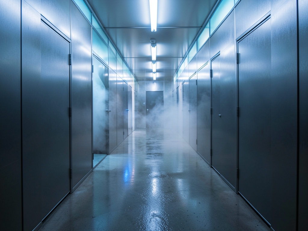 long narrow corridor brushed steel frosted glass with