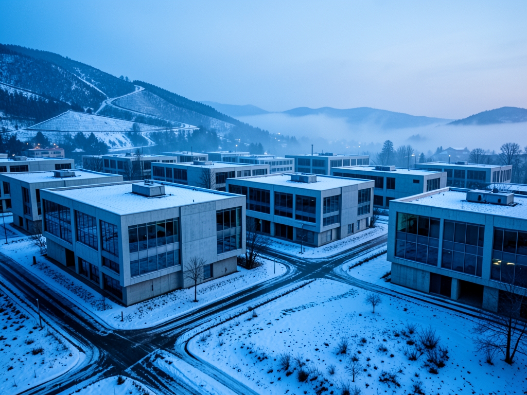 Snow dusted server campus dawn concrete glass cool blue