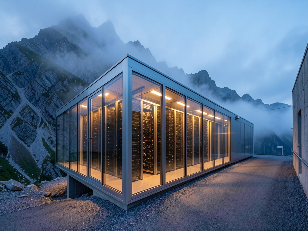 Glass walled data center dusk steel racks glowing amber