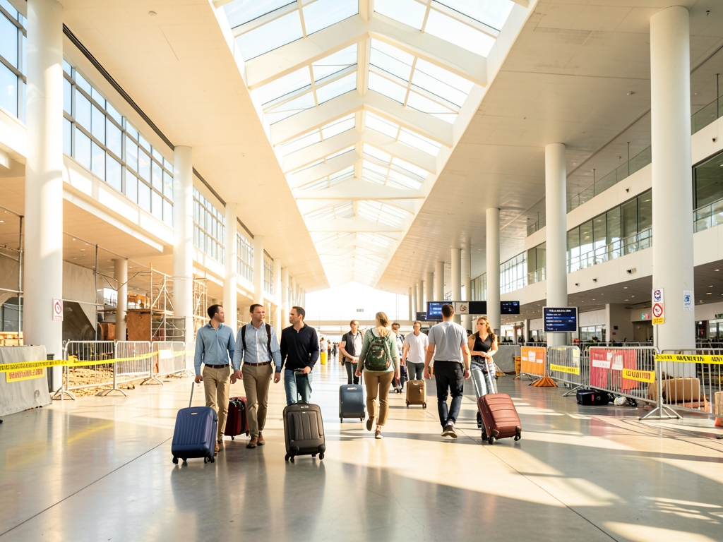 Distant travelers with rolling luggage bright modern concourse