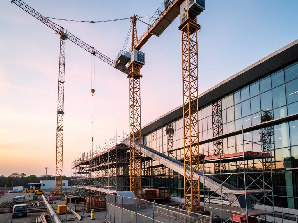 Construction cranes beside glass airport terminal dawn steel