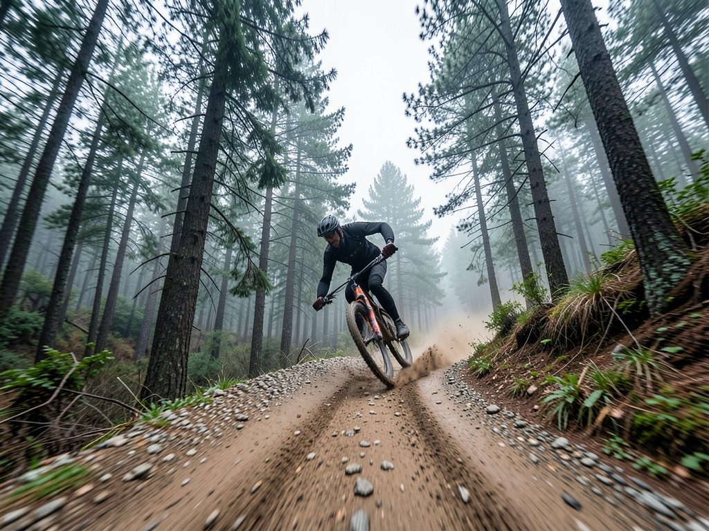 First person mountain bike trail rushing through misty alpine