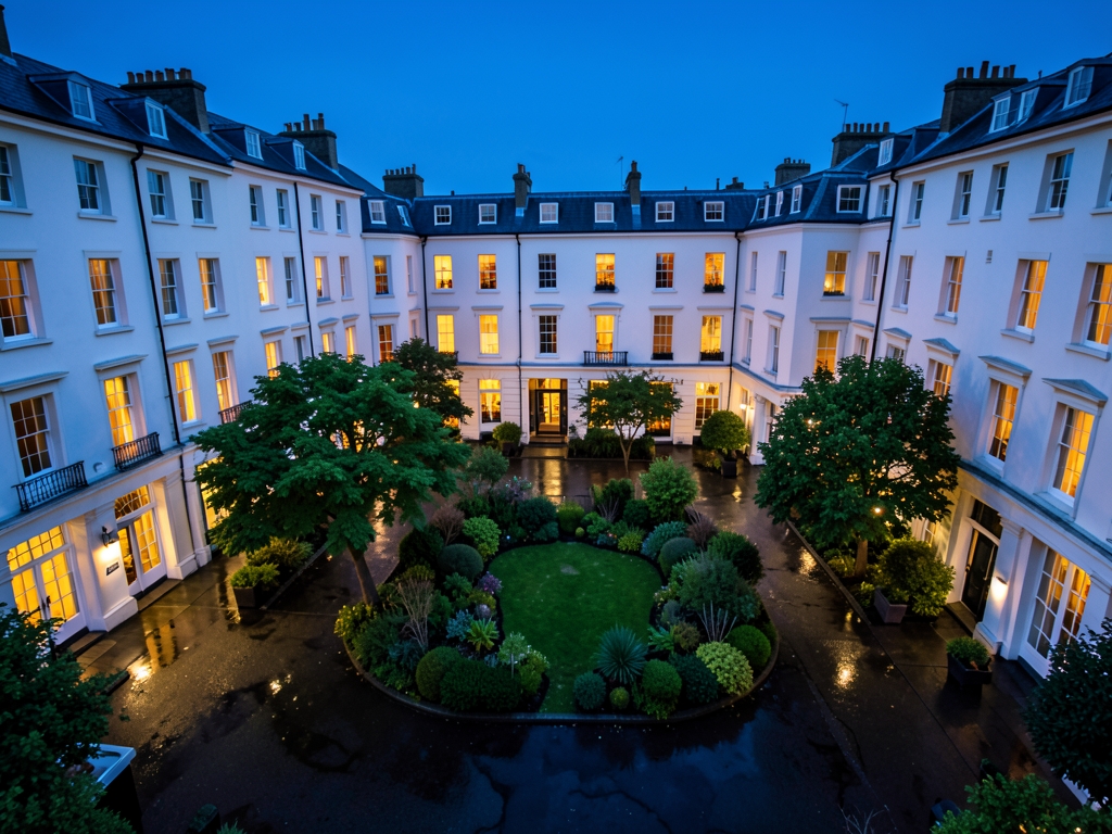 Dusk aerial view leafy Mayfair garden square ringed
