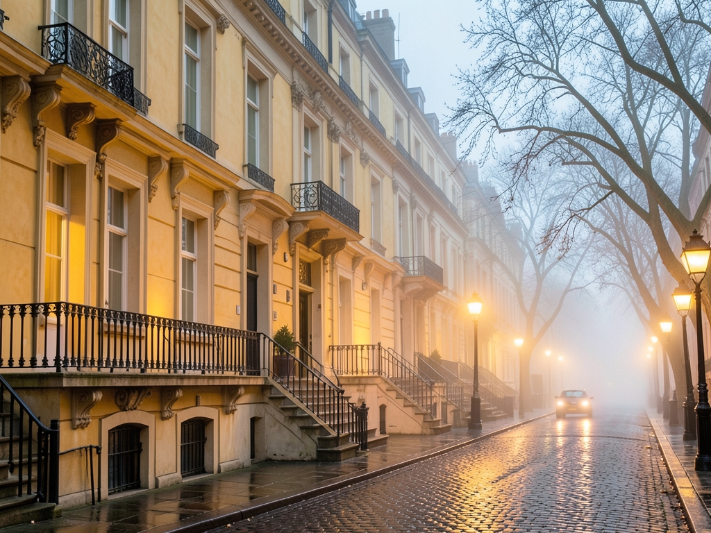 Misty dawn over grand Georgian terrace London s Mayfair
